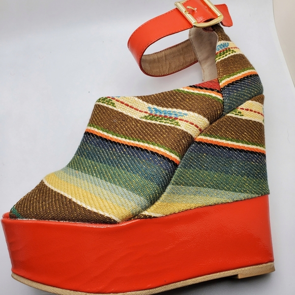 Steve Madden Kennyya Orange Fabric Platform Wedges Size 6.5 EUC - Picture 3 of 14